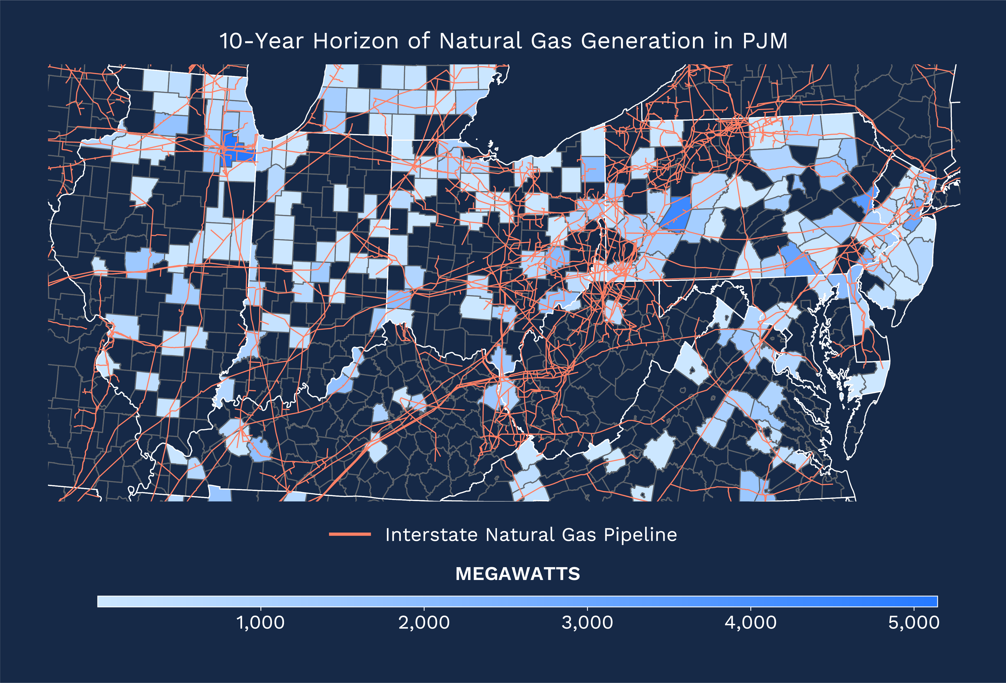 EIA-860 ten-year outlook of natural gas generation in PJM, showing operating and proposed units through the mid-2030s
