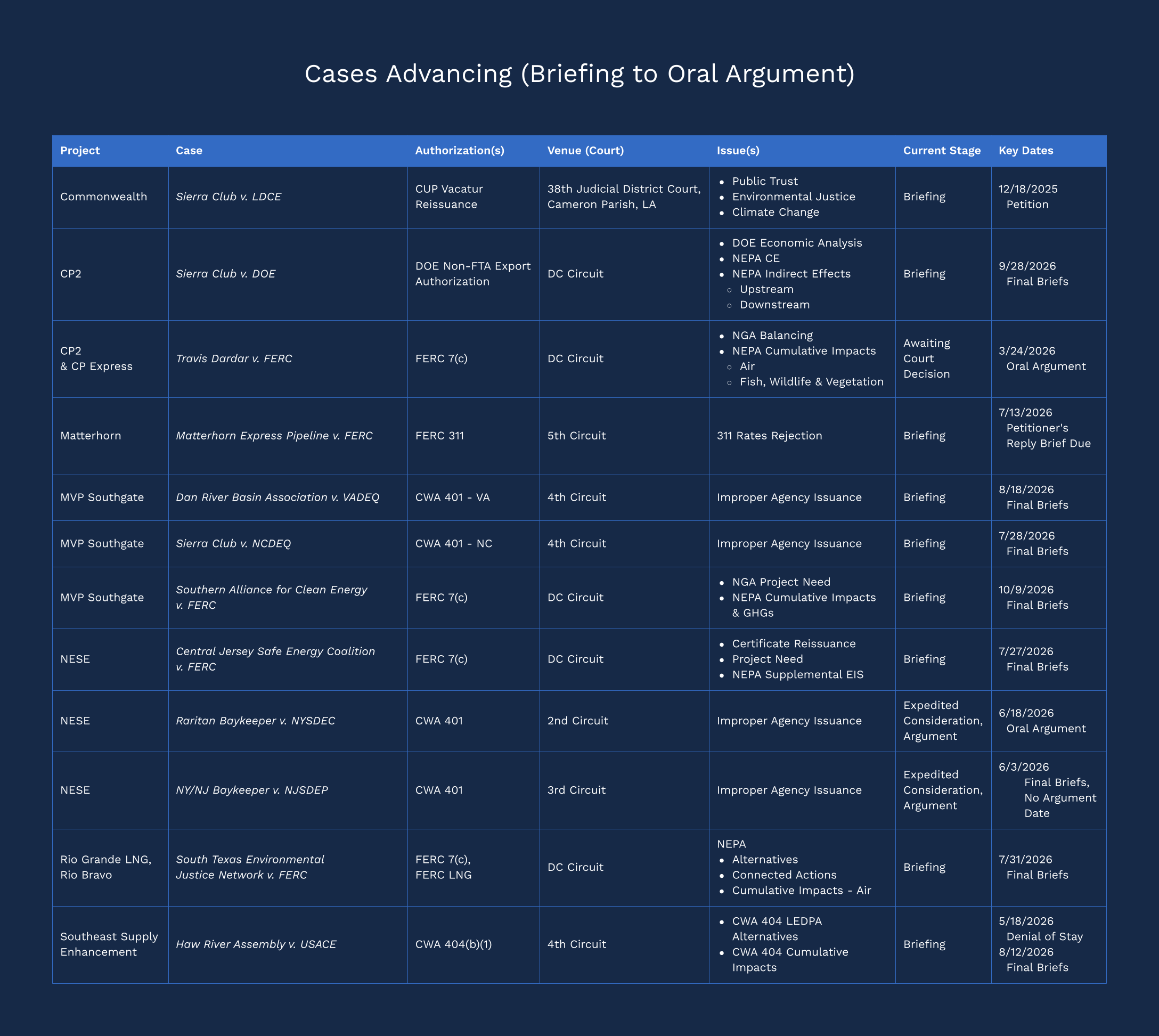 Gas infrastructure litigation cases by stage: advancing (Rio Grande, CP2, NESE, Matterhorn), early-stage (Constitution, SESE, MVP Southgate, Commonwealth), and narrowing or resolved.